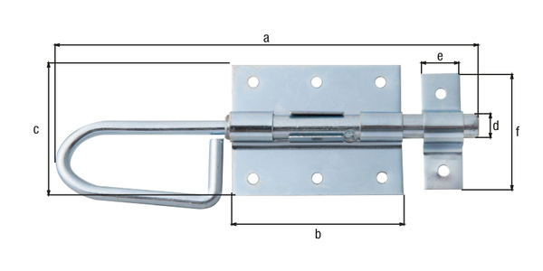 Tower drop bolt, Material: raw steel, Surface: blue galvanised, with attached staple, Length: 200 mm, Plate length: 80 mm, Plate width: 66 mm, Bolt-Ø: 11.5 mm, Loop width: 18 mm, Loop length: 56 mm, Extension length: 33 mm, No. of holes: 8, Hole: Ø5 mm