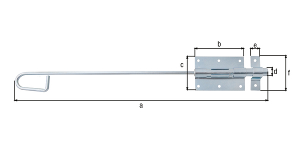 Bolzen-Stangenriegel, Material: Stahl roh, Oberfläche: galvanisch blau verzinkt, mit befestigter Schlaufe, Länge: 500 mm, Plattenlänge: 95 mm, Plattenbreite: 67 mm, Bolzen-Ø: 15,5 mm, Schlaufenbreite: 18 mm, Schlaufenlänge: 67 mm, Ausschub: 42 mm, Anzahl Löcher: 8, Loch: Ø5 mm