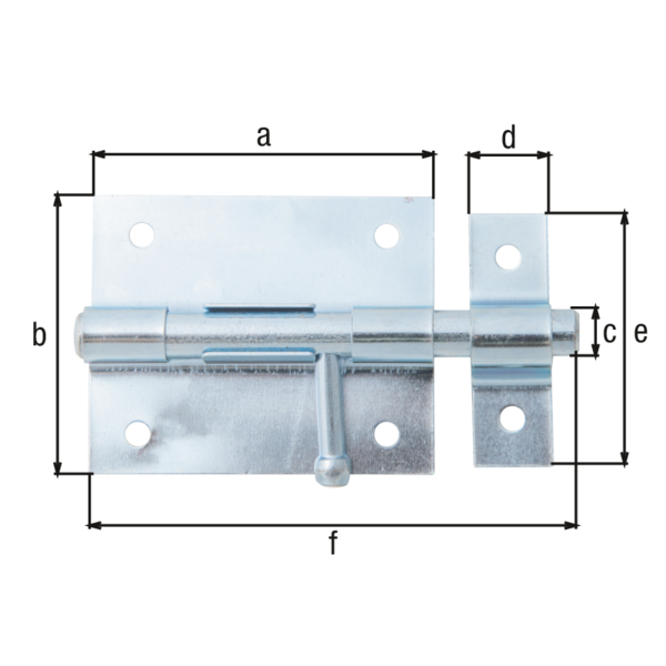 Bolt lock with round handle, Material: raw steel, Surface: blue galvanised, with attached staple, Plate length: 70 mm, Plate width: 57 mm, Bolt-Ø: 9.5 mm, Loop width: 16 mm, Loop length: 53 mm, Total length: 100 mm, Extension length: 32 mm, No. of holes: 6, Hole: Ø5 mm