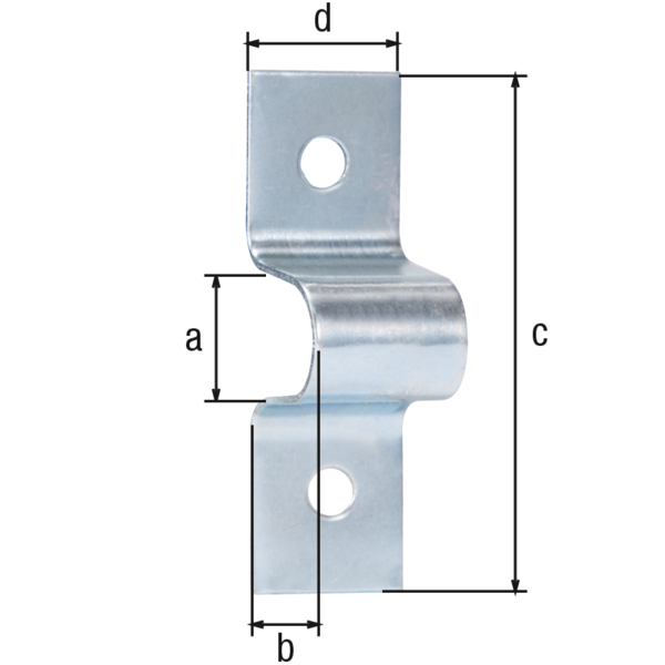 Obejma, materiał: stal surowa, powierzchnia: ocynkowana galwanicznie, pasywowana na niebiesko, Długość prześwitu: 11 mm, Wysokość wewnętrzna: 16 mm, Długość całkowita: 54 mm, Szerokość całkowita: 16 mm, Liczba otworów: 2, Otwór: Ø5 mm