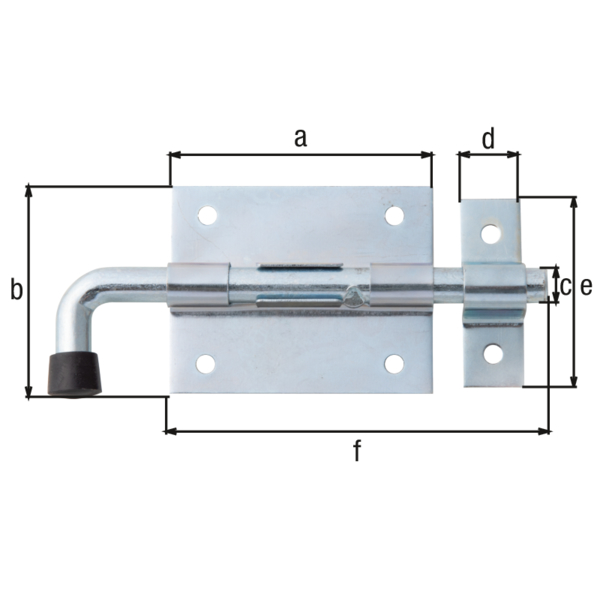 Bolzenriegel mit rundem Griff, Material: Stahl roh, Oberfläche: galvanisch blau verzinkt, mit befestigter Schlaufe, Plattenlänge: 70 mm, Plattenbreite: 57 mm, Bolzen-Ø: 9,5 mm, Schlaufenbreite: 16 mm, Schlaufenlänge: 53 mm, Gesamtlänge: 130 mm, Ausschub: 31 mm, Anzahl Löcher: 6, Loch: Ø5 mm