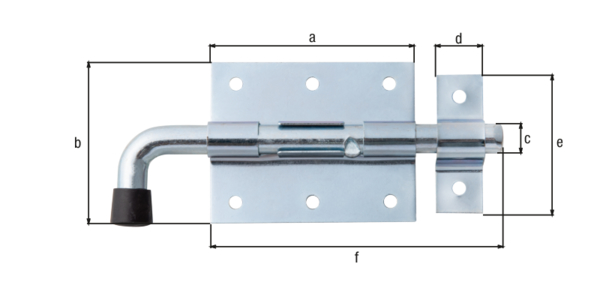 Bolt lock with round handle, Material: raw steel, Surface: blue galvanised, with attached staple, Plate length: 80 mm, Plate width: 66 mm, Bolt-Ø: 11.5 mm, Loop width: 18 mm, Loop length: 56 mm, Total length: 143 mm, Extension length: 33 mm, No. of holes: 8, Hole: Ø5 mm