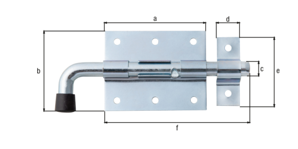 Bolzenriegel mit rundem Griff, Material: Stahl roh, Oberfläche: galvanisch blau verzinkt, mit befestigter Schlaufe, Plattenlänge: 80 mm, Plattenbreite: 66 mm, Bolzen-Ø: 11,5 mm, Schlaufenbreite: 18 mm, Schlaufenlänge: 56 mm, Gesamtlänge: 143 mm, Ausschub: 33 mm, Anzahl Löcher: 8, Loch: Ø5 mm