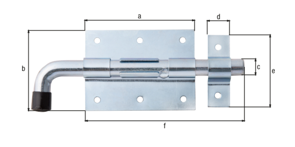 Bolzenriegel mit rundem Griff, Material: Stahl roh, Oberfläche: galvanisch blau verzinkt, mit befestigter Schlaufe, Plattenlänge: 90 mm, Plattenbreite: 67 mm, Bolzen-Ø: 13,5 mm, Schlaufenbreite: 18 mm, Schlaufenlänge: 61 mm, Gesamtlänge: 165 mm, Ausschub: 38 mm, Anzahl Löcher: 8, Loch: Ø5 mm