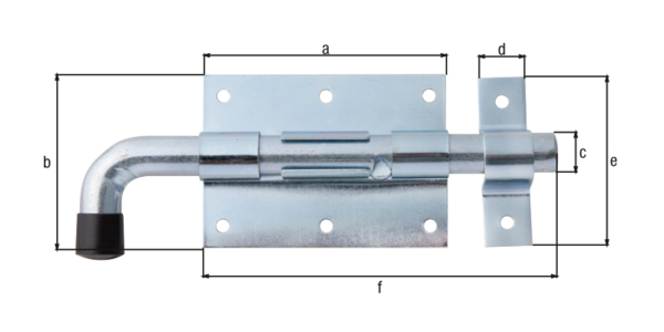 Bolzenriegel mit rundem Griff, Material: Stahl roh, Oberfläche: galvanisch blau verzinkt, mit befestigter Schlaufe, Plattenlänge: 95 mm, Plattenbreite: 67 mm, Bolzen-Ø: 15,5 mm, Schlaufenbreite: 18 mm, Schlaufenlänge: 67 mm, Gesamtlänge: 178 mm, Ausschub: 39 mm, Anzahl Löcher: 8, Loch: Ø5 mm