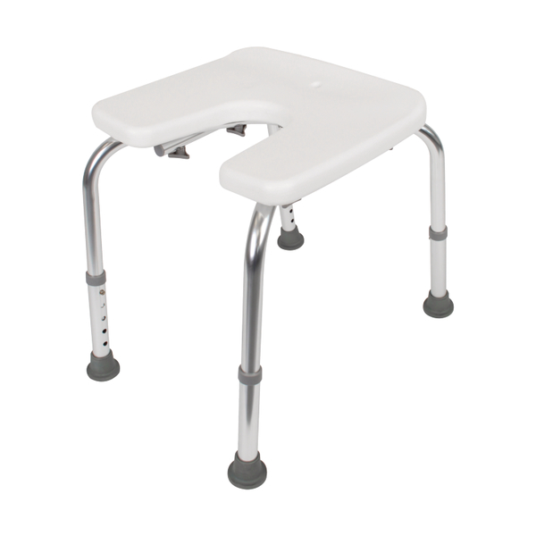 Shower stool, U-shape, height-adjustable, Material: plastic, colour: white, Width of seat: 400 mm, Depth of seat: 380 mm, Min. seat height: 420 mm, Max. seat height: 520 mm, Max. load capacity: 110 kg