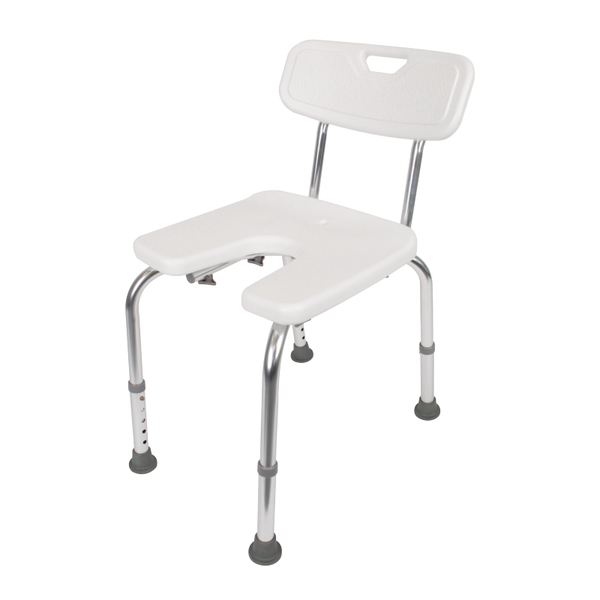 Shower chair, U-shape, height-adjustable, Material: plastic, colour: white, Width of seat: 400 mm, Depth of seat: 380 mm, Min. seat height: 420 mm, Max. seat height: 520 mm, Max. load capacity: 110 kg