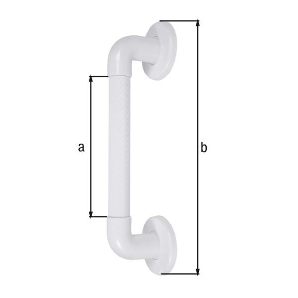 Handle, riffled, Material: plastic, colour: white, Handle-Ø: 34 mm, Grip length: 213 mm, Total length: 400 mm, Distance from wall: 57 mm, Mounting plate-Ø: 91 mm, Max. load capacity: 100 kg, Retail packaged