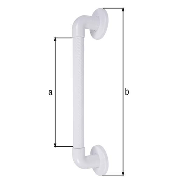 Handle, riffled, Material: plastic, colour: white, Handle-Ø: 34 mm, Grip length: 323 mm, Total length: 510 mm, Distance from wall: 57 mm, Mounting plate-Ø: 91 mm, Max. load capacity: 100 kg, Retail packaged