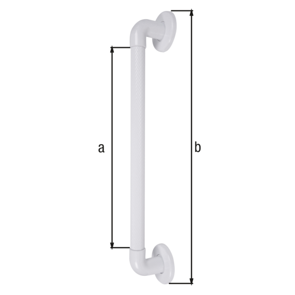 Handle, riffled, Material: plastic, colour: white, Handle-Ø: 34 mm, Grip length: 462 mm, Total length: 650 mm, Distance from wall: 57 mm, Mounting plate-Ø: 91 mm, Max. load capacity: 100 kg, Retail packaged