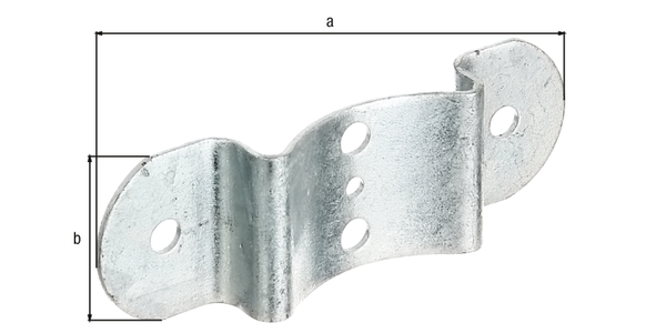 Palisade fencing bracket, for posts and half-round fence rails, Ø 80 mm, Material: raw steel, Surface: hot-dip galvanised, Total length: 121 mm, Total width: 40 mm, Material thickness: 2.00 mm, No. of holes: 4 / 1, Hole: Ø9 / Ø5 mm