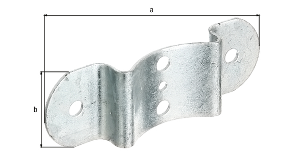 Giunzione per pali tondi, per pali e paletti semitondi di chiusura Ø80 mm, Materiale: acciaio grezzo, superficie: zincata a fuoco, lunghezza totale: 121 mm, larghezza totale: 40 mm, Spessore del materiale: 2,00 mm, Numero di fori: 4 / 1, Foro: Ø9 / Ø5 mm