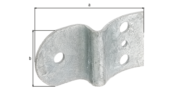 Giunzione per pali tondi, per pali e paletti semitondi di chiusura Ø80 mm, Materiale: acciaio grezzo, superficie: zincata a fuoco, lunghezza totale: 78 mm, larghezza totale: 40 mm, Spessore del materiale: 2,00 mm, Numero di fori: 3 / 1, Foro: Ø9 / Ø5 mm