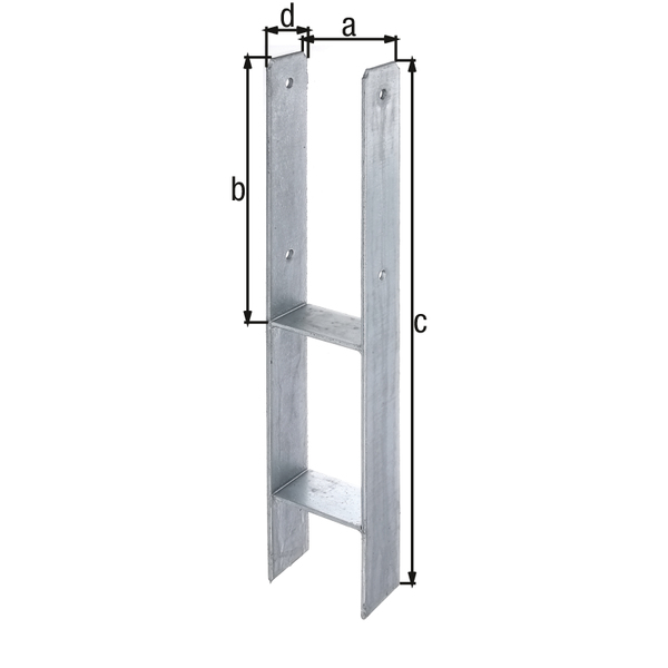 Anclaje para postes de forma H, Material: Acero crudo, Superficie: galvanizado en caliente, para empotrar en hormigón, con distintivo CE conforme a ETA-10/0210, Anchura de apertura: 101 mm, Altura: 300 mm, Altura total: 600 mm, Profundidad: 60 mm, Espesura del material: 5,00 mm, Número de agujeros: 4, Perforación: Ø11 mm