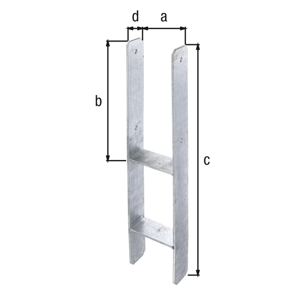 Anclaje para postes de forma H, Material: Acero crudo, Superficie: galvanizado en caliente, para empotrar en hormigón, con distintivo CE conforme a ETA-10/0210, Anchura de apertura: 121 mm, Altura: 300 mm, Altura total: 600 mm, Profundidad: 60 mm, Espesura del material: 5,00 mm, Número de agujeros: 4, Perforación: Ø11 mm