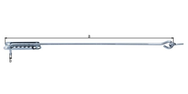 Sturmhaken, mit Feststellplatte, Material: Stahl roh, Oberfläche: galvanisch blau verzinkt, zum Einschrauben, Länge: 600 mm, Haken-Ø: 8 mm, Plattenlänge: 140 mm, Anzahl Löcher: 2, Loch: 6,5 x 12 mm