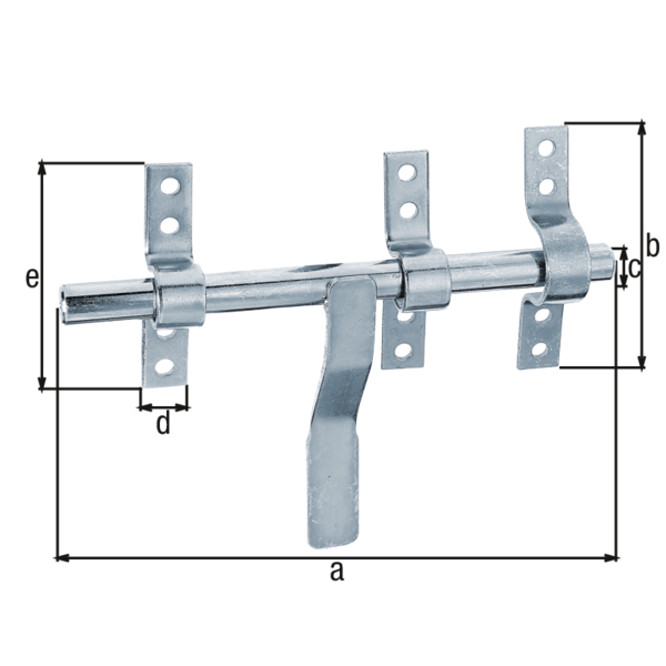 Catenaccio a cannone con maniglia piatta modello Vervelle, Materiale: acciaio grezzo, superficie: zincata blu, con guida asta fissata, lunghezza: 190 mm, Larghezza piastra: 93 mm, Perno: 14 mm, Larghezza guida asta: 16 mm, Lunghezza guida asta: 83 mm, Numero di fori: 12, Foro: Ø6 mm