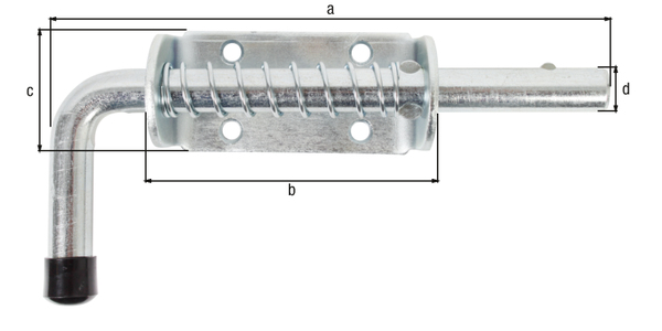 Bolt lock with spring, with round knob, type Pistolet, with countersunk screw holes, Material: raw steel, Surface: galvanised, thick-film passivated, without staple, Length: 176 mm, Plate length: 85 mm, Plate width: 40 mm, Bolt-Ø: 14 mm, No. of holes: 4, Hole: Ø6 mm