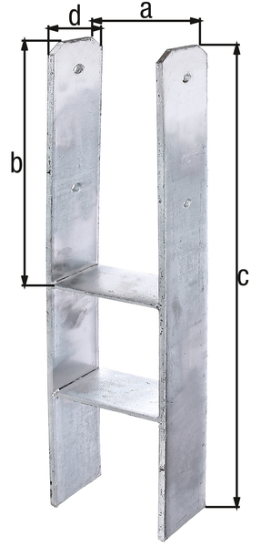 Staffa porta palo ad H, Materiale: acciaio grezzo, superficie: zincata a fuoco, da cementare, con marcatura CE ai sensi della ETA-10/0210, larghezza netta: 121 mm, altezza: 400 mm, altezza totale: 800 mm, Profondità: 80 mm, Spessore del materiale: 8,00 mm, Numero di fori: 4, Foro: Ø13 mm