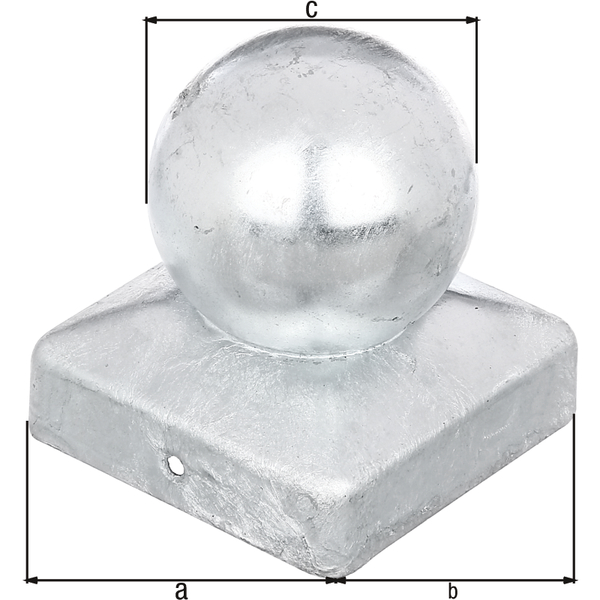 Capuchon de poteau pour poteaux en bois carré, avec boule, avec trous de vis fraisés, Matériau: Acier brut, Finition: galvanisée à chaud, Longueur: 70 mm, Largeur: 70 mm, 60 mm