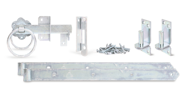 Garden gate fitting set for woven fence single gates, with countersunk screw holes, Material: raw steel, Surface: galvanised, thick-film passivated