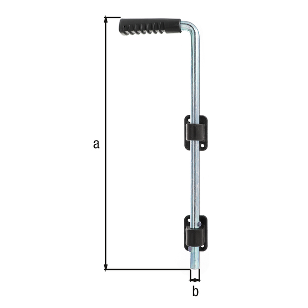 Verrou baïonnette, avec trous de vis fraisés, Matériau: Acier brut, Finition: galvanisée, passivée, angle de guidage et poignée en plastique noirs, renforcés en fibre de verre, Hauteur totale: 400 mm, Diamètre: 16 mm, Nombre de trous: 4, Trou: Ø5,5 mm