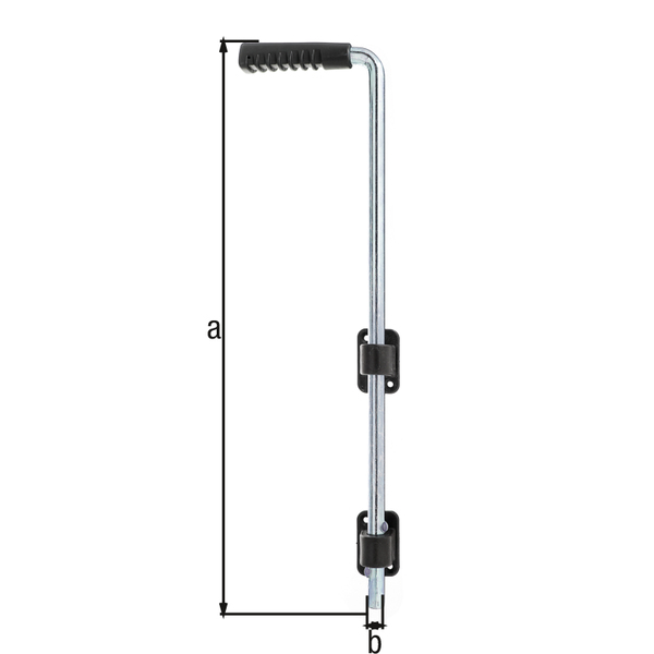 Drop bolt, with countersunk screw holes, Material: raw steel, Surface: galvanised, thick-film passivated, guide bracket and handle, fibreglass-reinforced plastic, black, Total height: 600 mm, Diameter: 16 mm, No. of holes: 4, Hole: Ø5.5 mm