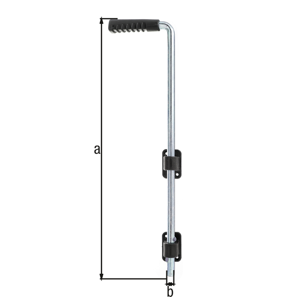 Bodenschieber, mit versenkten Schraublöchern, Material: Stahl roh, Oberfläche: galvanisch verzinkt, Dickschichtschutz, Führungswinkel und Griff glasfaserverstärkter Kunststoff, schwarz, Gesamthöhe: 600 mm, Durchmesser: 16 mm, Anzahl Löcher: 4, Loch: Ø5,5 mm