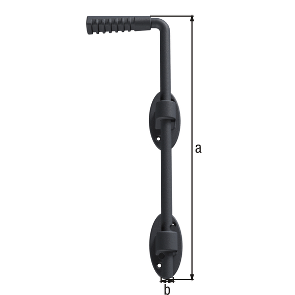 Ovado Drop bolt, with countersunk screw holes, Material: steel, Surface: galvanised, graphite grey powder-coated, Total height: 400 mm, Diameter: 16 mm, Distance bolt - gate: 36 mm, No. of holes: 4, Hole: Ø5.5 mm