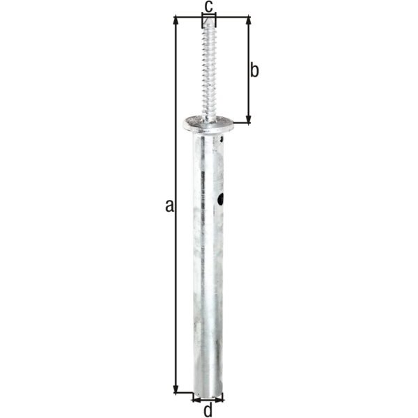 Post support for blind wood attachment, Material: raw steel, Surface: hot-dip galvanised, for setting in concrete, with CE marking in accordance with ETA-10/0210, Total height: 400 mm, Length of screw: 140 mm, Tube-Ø: 42 mm, Plate dia.: 70 mm