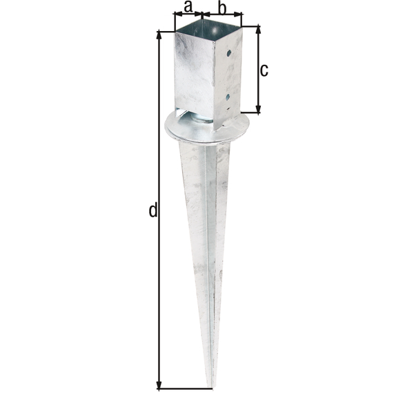 Ancre à enfoncer pour poteaux en bois carrés, rattrapage possible de la verticalité après enfoncement, Matériau: Acier brut, Finition: galvanisée à chaud, Longueur de pot: 71 mm, Largeur de pot: 71 mm, Hauteur de pot: 150 mm, Longueur totale: 750 mm, Nombre de trous: 4, Trou: Ø11 mm