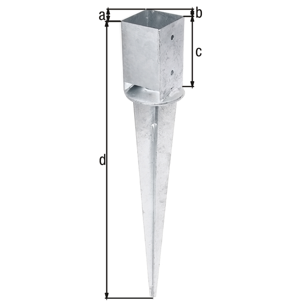 Fence post spike for square timber posts, with adjustable support for later adjustment of the timber post, Material: raw steel, Surface: hot-dip galvanised, Pot length: 91 mm, Pot width: 91 mm, Pot height: 150 mm, Total length: 750 mm, No. of holes: 4, Hole: Ø11 mm