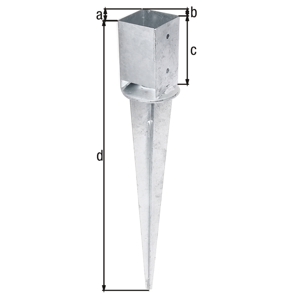 Anclaje para enterrar para postes de madera cuadrados, recuperación posible de la verticalidad despues de enterrar, Material: Acero crudo, Superficie: galvanizado en caliente, Longitud de la maceta: 91 mm, Anchura de la maceta: 91 mm, Altura del tubo: 150 mm, Longitud total: 750 mm, Número de agujeros: 4, Perforación: Ø11 mm