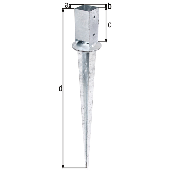 Fence post spike for square timber posts, with adjustable support for later adjustment of the timber post, Material: raw steel, Surface: hot-dip galvanised, Pot length: 71 mm, Pot width: 71 mm, Pot height: 150 mm, Total length: 900 mm, No. of holes: 4, Hole: Ø11 mm