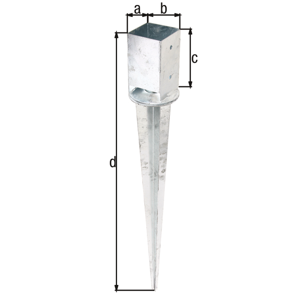 Einschlag-Bodenhülse für Vierkantholzpfosten, mit verstellbarem Topf zur nachträglichen Feinjustierung des Holzpfostens, Material: Stahl roh, Oberfläche: feuerverzinkt, Topflänge: 91 mm, Topfbreite: 91 mm, Topfhöhe: 150 mm, Gesamtlänge: 900 mm, Anzahl Löcher: 4, Loch: Ø11 mm