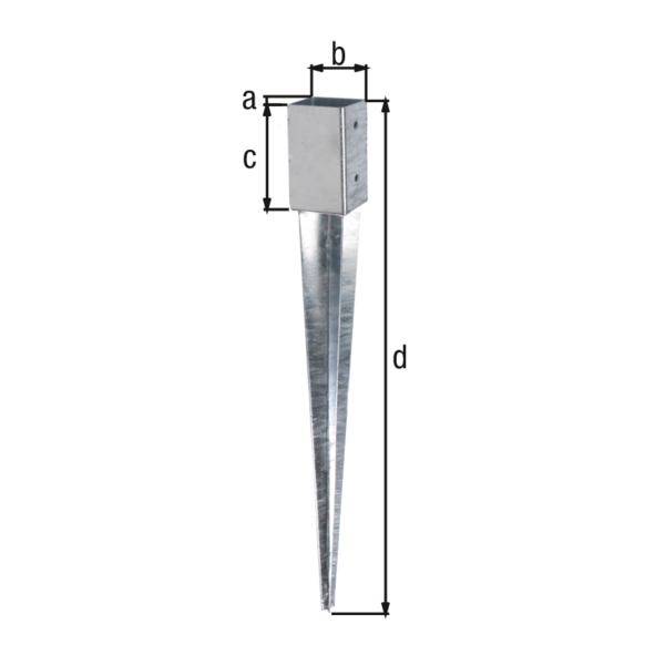 Einschlag-Bodenhülse für Vierkantholzpfosten, Material: Stahl roh, Oberfläche: feuerverzinkt, zum Einschlagen, Topflänge: 46 mm, Topfbreite: 46 mm, Topfhöhe: 100 mm, Gesamtlänge: 550 mm, Anzahl Löcher: 4, Loch: Ø11 mm