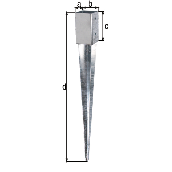 Fence post spike for square timber posts, Material: raw steel, Surface: hot-dip galvanised, for driving in, Pot length: 61 mm, Pot width: 61 mm, Pot height: 150 mm, Total length: 750 mm, No. of holes: 4, Hole: Ø11 mm