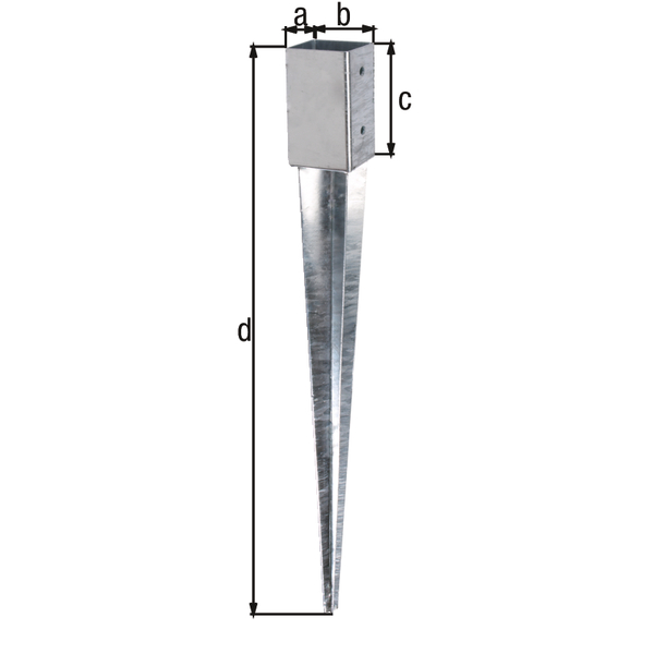 Porta palo da ancorare nel terreno per pali quadri in legno, Materiale: acciaio grezzo, superficie: zincata a fuoco, da ancorare, 61 mm, 61 mm, Altezza supporto: 150 mm, lunghezza totale: 750 mm, Numero di fori: 4, Foro: Ø11 mm