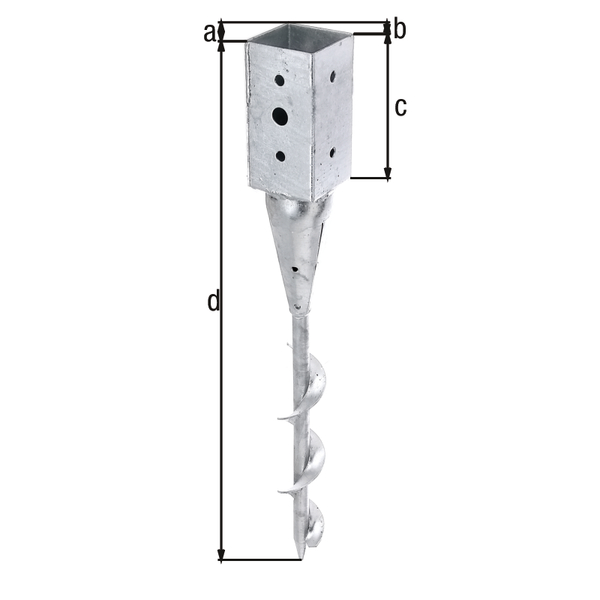 Ground screw for square timber posts, Material: raw steel, Surface: hot-dip galvanised, for screwing in, Pot length: 71 mm, Pot width: 71 mm, Pot height: 150 mm, Total length: 595 mm, No. of holes: 1 / 8, Hole: Ø18 / Ø11 mm