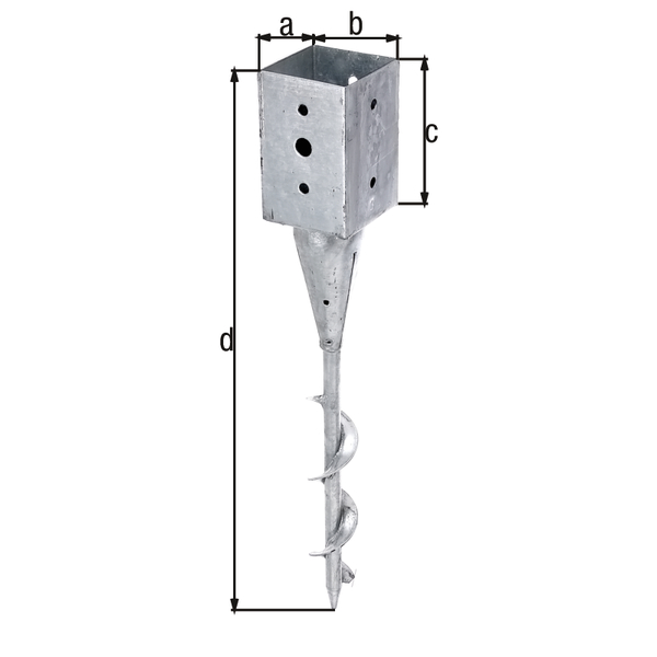 Einschraub-Bodenhülse für Vierkantholzpfosten, Material: Stahl roh, Oberfläche: feuerverzinkt, zum Einschrauben, Topflänge: 91 mm, Topfbreite: 91 mm, Topfhöhe: 150 mm, Gesamtlänge: 595 mm, Anzahl Löcher: 1 / 8, Loch: Ø18 / Ø11 mm