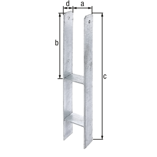 H-Pfostenträger, Material: Stahl roh, Oberfläche: feuerverzinkt, zum Einbetonieren, mit CE-Kennzeichnung nach ETA-10/0210, lichte Breite: 121 mm, Höhe: 300 mm, Gesamthöhe: 800 mm, Tiefe: 60 mm, Materialstärke: 6,00 mm, Anzahl Löcher: 4, Loch: Ø11 mm
