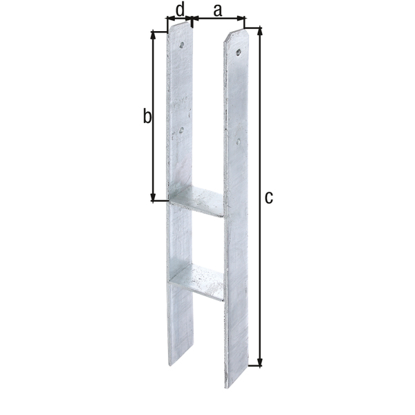 H-Pfostenträger, Material: Stahl roh, Oberfläche: feuerverzinkt, zum Einbetonieren, mit CE-Kennzeichnung nach ETA-10/0210, lichte Breite: 116 mm, Höhe: 400 mm, Gesamthöhe: 800 mm, Tiefe: 80 mm, Materialstärke: 8,00 mm, Anzahl Löcher: 4, Loch: Ø13 mm