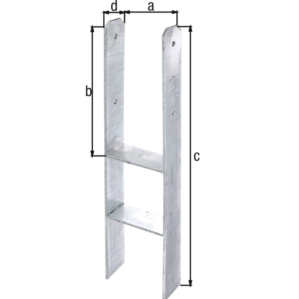 Staffa porta palo ad H, Materiale: acciaio grezzo, superficie: zincata a fuoco, da cementare, con marcatura CE ai sensi della ETA-10/0210, larghezza netta: 161 mm, altezza: 400 mm, altezza totale: 800 mm, Profondità: 80 mm, Spessore del materiale: 8,00 mm, Numero di fori: 4, Foro: Ø13 mm