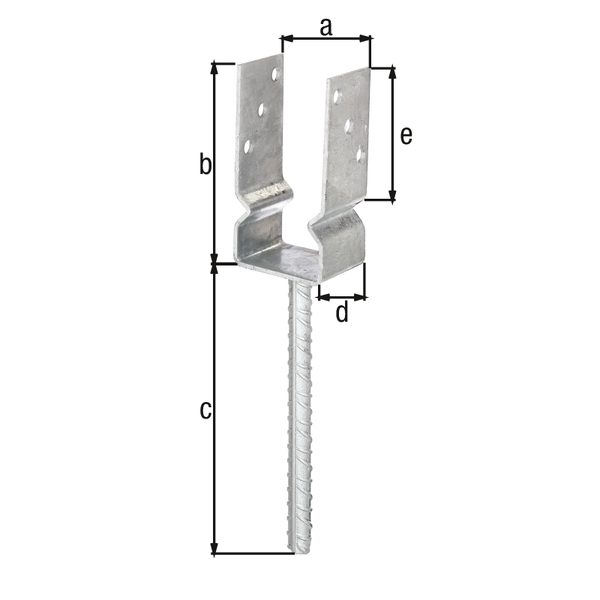 U post support with concrete anchor made of riffle steel, Material: raw steel, Surface: hot-dip galvanised, for setting in concrete, Clear width: 71 mm, Height: 150 mm, Length of concrete anchor: 200 mm, Depth: 60 mm, Post insertion piece: 100 mm, Concrete anchor Ø: 16 mm, Material thickness: 4.00 mm, No. of holes: 6, Hole: Ø11 mm