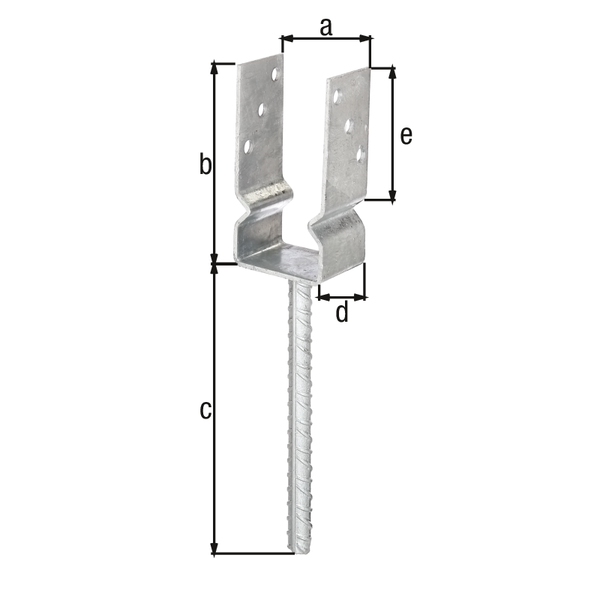 Anclaje para postes de forma U con varilla para hormigonar de acero acanalado, Material: Acero crudo, Superficie: galvanizado en caliente, para empotrar en hormigón, Anchura de apertura: 71 mm, Altura: 150 mm, Longitud del anclaje de hormigón: 200 mm, Profundidad: 60 mm, Extensión del poste: 100 mm, Ø del anclaje: 16 mm, Espesura del material: 4,00 mm, Número de agujeros: 6, Perforación: Ø11 mm