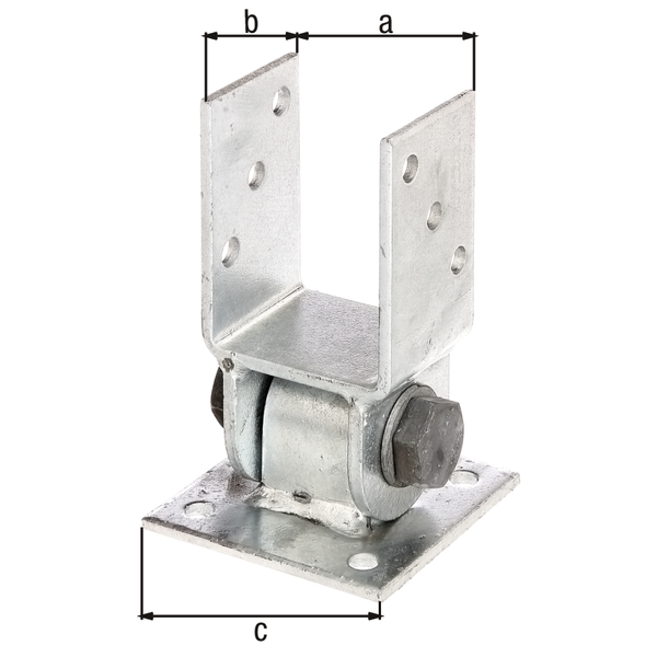 Post support with movable upper part for angular walls, Material: raw steel, Surface: hot-dip galvanised, for screwing on, Clear width: 71 mm, Depth: 60 mm, Plate length: 100 mm, No. of holes: 10, Hole: Ø11 mm