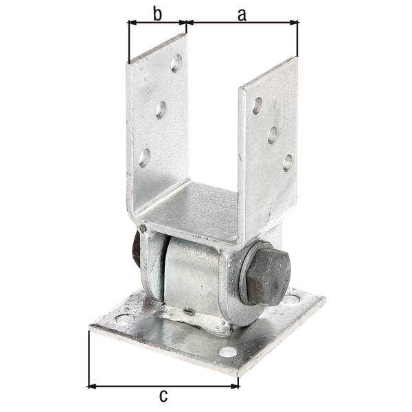 Anclaje para postes con una parte superior móvil para muros inclinados, Material: Acero crudo, Superficie: galvanizado en caliente, para atornillar, Anchura de apertura: 71 mm, Profundidad: 60 mm, Longitud de la pletina: 100 mm, Número de agujeros: 10, Perforación: Ø11 mm