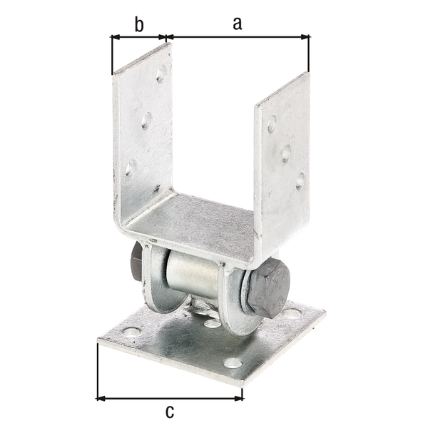 Post support with movable upper part for angular walls, Material: raw steel, Surface: hot-dip galvanised, for screwing on, Clear width: 91 mm, Depth: 60 mm, Plate length: 100 mm, No. of holes: 10, Hole: Ø11 mm