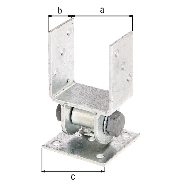 Ancre de poteau avec partie supérieure mobile pour mur penché, Matériau: Acier brut, Finition: galvanisée à chaud, à visser, Largeur d'ouverture: 91 mm, Profondeur: 60 mm, Longueur de platine: 100 mm, Nombre de trous: 10, Trou: Ø11 mm