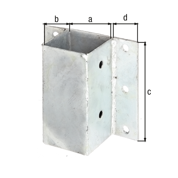 Post support for L and U border blocks or walls, Material: raw steel, Surface: hot-dip galvanised, for screwing on, Pot length: 71 mm, Pot width: 71 mm, Pot height: 150 mm, External edge of pot - external edge of screw-on plate: 40 mm, No. of holes: 10, Hole: Ø11 mm